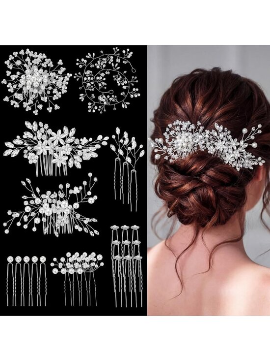 44 Wedding Hair Accessories Set - Faux Pearl & Crystal Comb Clips, U-Shaped main image 6